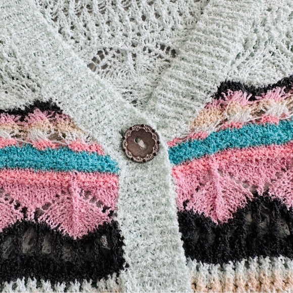 POL Arctic Blue Abstract Print Cropped Crochet Cardigan Sweater Size L - Picture 9 of 14